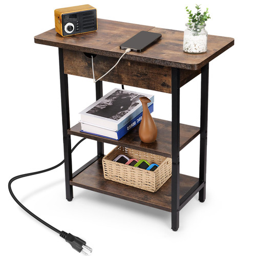 End Table with Charging Station, Flip Top Side Table with Type-C Port & USB & Outlets, Bedside Tables with Storage Shelf for Living Room Bedroom, Nightstand for Small Spaces