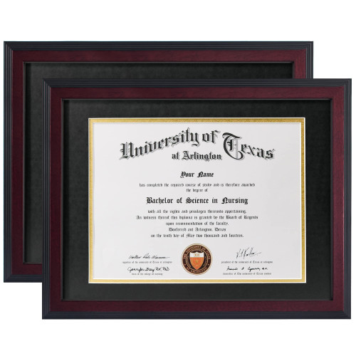 8.5x11 Solid Wood Diploma Frame,Fits 8.5x11 Certificate with Mat or 11x14 Document Without Mat,UV Protection Acrylic,Matte Mahogany Finish,Black Tapering Stepped Edge,2 Pack