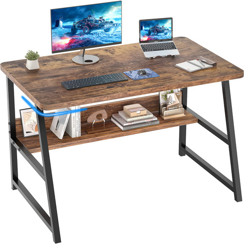 Computer Desk 32 Inch Modern Sturdy Writing Desk with Bookshelf Study Table Desk with Metal Legs Industrial Table for Home Office for Small Space, Rustic Brown