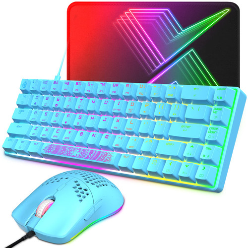 60% RGB Mechanical Gaming Keyboard and Mouse,68 Keys,Blue Switches,Detachable Type-C Cable,TKL Keyboard with Two Magic-refiner Keycaps,Lightweight RGB 6400DPI Honeycomb Gaming Mouse,Mouse pad (Blue)