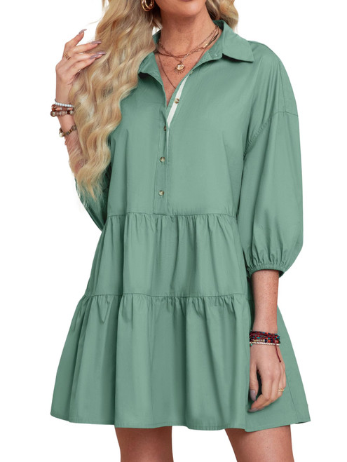 Women's Casual Summer Babydoll Mini Dress Flowy Tiered Short Tunic Dress Puff Sleeve Button Down Shirt Dress with Pocket Sega Green X-Large
