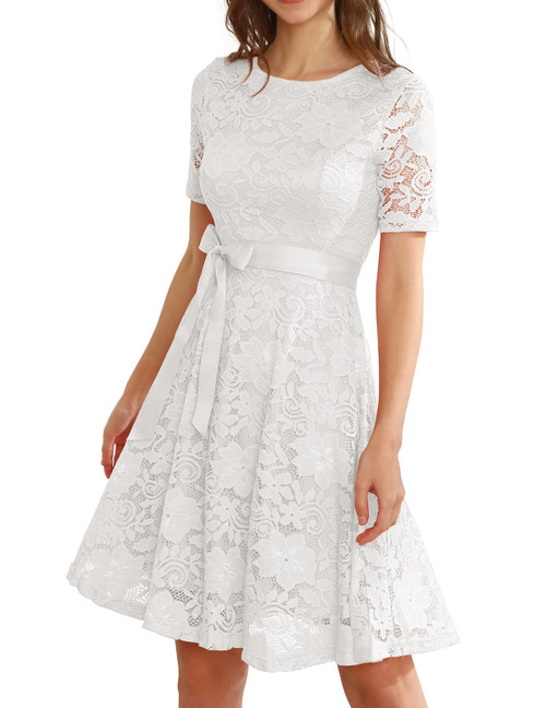 Lace Graduation Dress for Women, 2024 Semi Formal Wedding Guest Dress, Modest Church Dress, Cocktail Prom Midi Dress White S