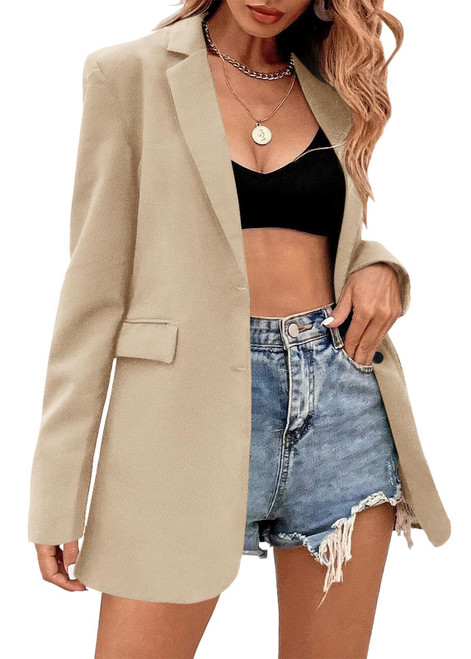 Womens Casual Blazer Jacket Pockets Long Sleeve Open Front Work Office Blazer Lapel Button Jacket Khaki L Womens Casual Blazer Jacket Pockets Long Sleeve Open Front Work Office Blazer Lapel Button Jacket Khaki L