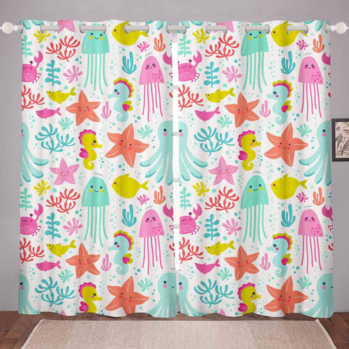 Cartoon Ocean Creature Window Curtains Sea Underwater World Curtain for Kids Boys Girls Children Sea Marine Themed Window Dreapes Ultra Soft Decor Window Treatments (2 Panels, 38 x 54 Inch)