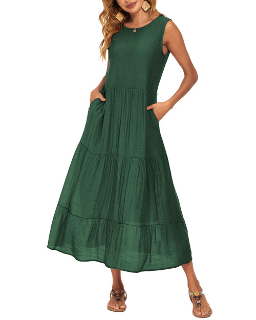 Summer Casual Dresses for Women Dressy Empire Waist Swing Midi Sun Dress with Pockets Dark Green L Summer Casual Dresses for Women Dressy Empire Waist Swing Midi Sun Dress with Pockets Dark Green L
