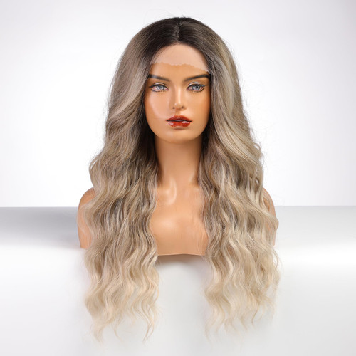 Ombre Ash Blonde Wig for Women, Long Wavy Lace Front Wig, Lace Hairline Synthetic Middle Part Wigs for Daily Party 24IN Ombre Ash Blonde Wig for Women, Long Wavy Lace Front Wig, Lace Hairline Synthetic Middle Part Wigs for Daily Party 24IN