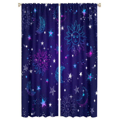 Sun and Moon Blackout Window Curtains, Colorful Starry Blue and Purple Sun and Moon Pattern Decoration Insulate Rod Pocket Curtains for Bedroom Living Room Kids Room 42x63in