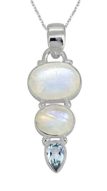 Rainbow Moonstone & Blue Topaz Solid 925 Sterling Silver Chain Pendant