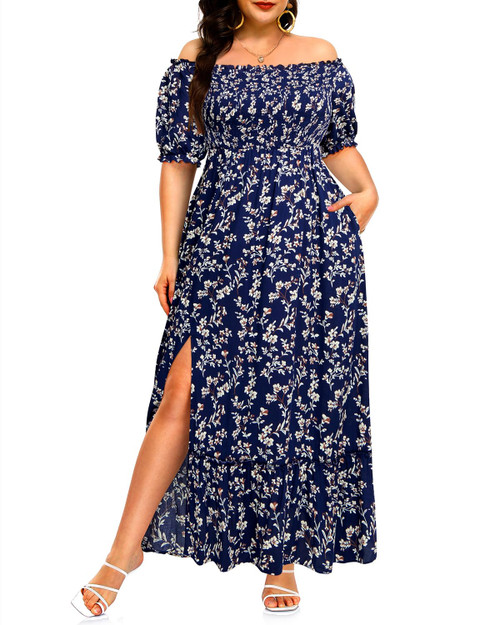 Women Summer Maxi Dress Plus Size Off Shoulder Floral Navy Long Tiered Smocked Casual Boho Beach Sundress with Pockets Women Summer Maxi Dress Plus Size Off Shoulder Floral Navy Long Tiered Smocked Casual Boho Beach Sundress with Pockets