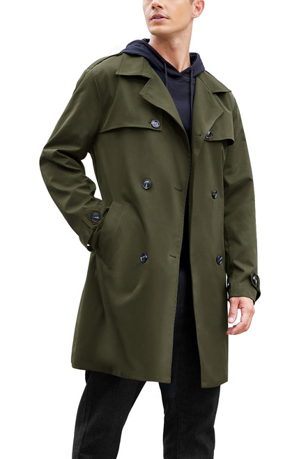 Trench Coat Men Casual Notch Lapel Double Breasted Mid Length Trench Pea Coats (Army Green L)