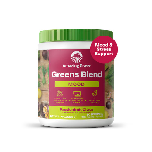 Greens Blend Mood: Super Greens Powder Smoothie Mix for Mood, Relaxation & Stress Support with Organic Spirulina, Chlorella, Beet Root Powder, Digestive Enzymes & Probiotics, 30 Servings