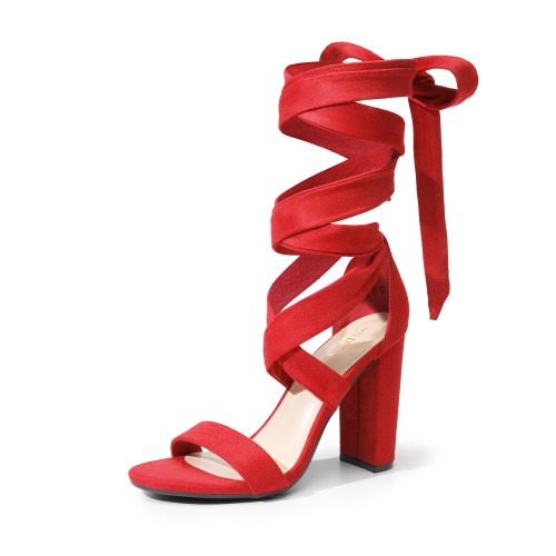 Women's High Heels Lace Up Chunky Block Heels Strappy Sexy Open Toe Heels Pumps Sandals,Size 8,RED-SUEDE,SDHS2401W