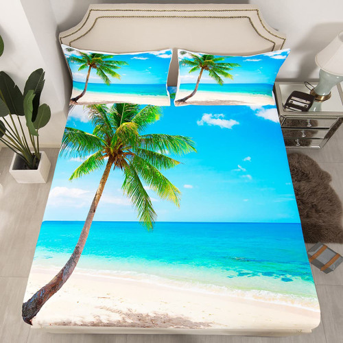 Ocean Fitted Sheet,Tropical Island with The Palm Trees and Clear Sea Beach Theme Print Bed Sheet Set, Soft Decorative Fabric Bedding All-Round Elastic Pocket, Full Size, Turquoise Blue Green