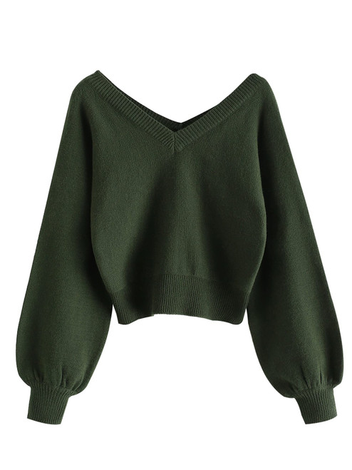 Women's Cropped Sweater V-Neck Long Sleeve Crop Sweater Pullover Jumper Knit Top (1-Green, S)