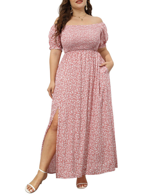 Women's Plus Size Summer Maxi Dress Off Shoulder Floral Pink Causal Beach Long Flowy Shirred Split Boho Sundress Women's Plus Size Summer Maxi Dress Off Shoulder Floral Pink Causal Beach Long Flowy Shirred Split Boho Sundress