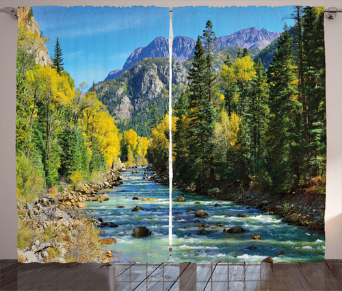 Mountains Curtains, River and Colorful Trees of Colorado During Foliage Season Autumn Forest View, Living Room Bedroom Window Drapes 2 Panel Set, 108" X 63", Multicolor