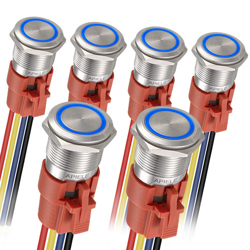 Latching Push Button Switch 19mm 12V- 24V DC LED SPDT 1NO1NC Stainless Steel Metal Push Button Switch with Pigtail 6PCS (Silver Shell-Blue, 19MM)