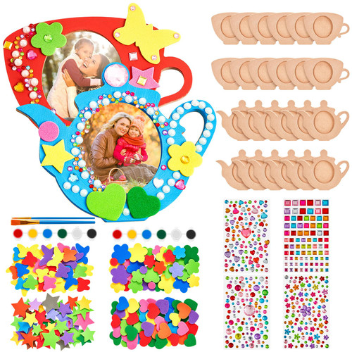 64 Pcs Tea Pot and Cup Shaped Picture Frame Painting Craft Kit Happy Mother's Day DIY Picture Frames with Stickers Mother's Day Gifts Crafts for Tea Party Decor Classroom Kindergarten