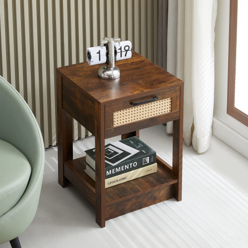 Mid Century Nightstand, Rattan Side Table with Drawer & Solid Wood Legs, Small End Table Wood Accent Table for Living Room or Bedroom Small Space (Brown)