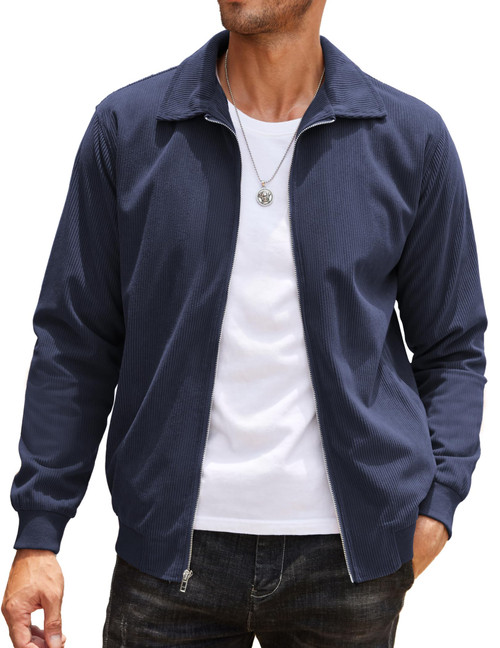 Men's Casual Bomber Jacket Lightweight Navy Blue Varsity Jacket Retro Coats