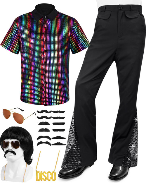 Men's 70s Disco Outfit Costume Bell Bottom Pants Long Sleeve Shirts Wigs Necklace Moustache Sunglasses (Large)