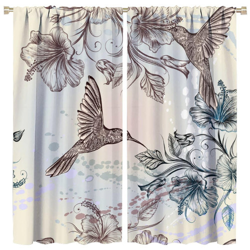 Hummingbird Print Blackout Curtains Birds and Hibiscus Flowers Nostalgia Antique Design Drapes,Rod Pocket Windows Curtain for Bedroom Living Room,42x63in