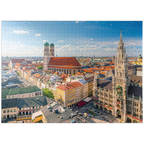 Munich - View of Marienplatz with Town Hall and Frauenkirche - Bavaria, Germany - Premium 1000 Piece Jigsaw Puzzle for Adults