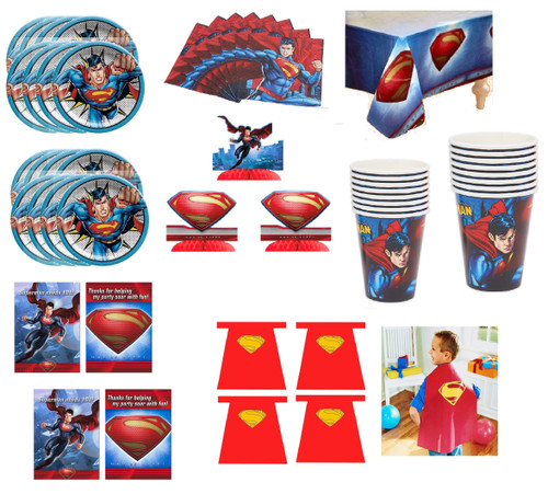 Justice League Heroes Birthday Party Supplies Bundle for 16 includes Lunch Plates, Cups, Napkins, Table Cover, Centerpiece, Invitations and Thank You