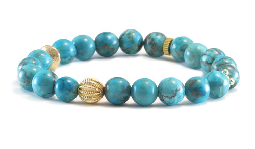Turquoise Bracelet Blue Smooth Round 8mm Stones Goldtone Beaded Accents Stretch 6.5 7.5 Inch Turquoise Bracelet Blue Smooth Round 8mm Stones Goldtone Beaded Accents Stretch 6.5 7.5 Inch