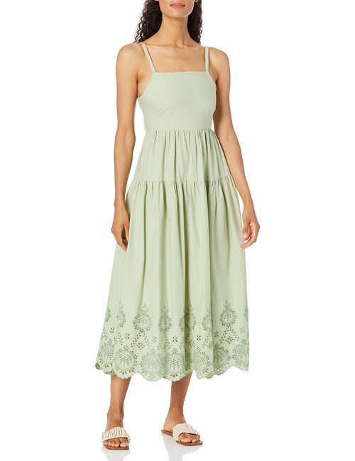 Moon River Women's Sleeveless Back tie Shirred Tiered Eyelet midi Dress, sage, Small