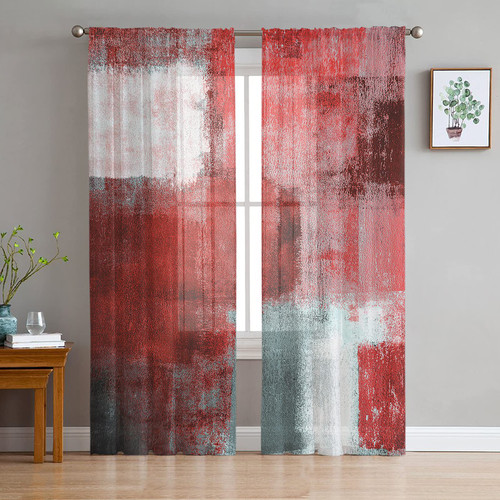 Red Grey Sheer Curtains 63 Inch Length 2 Panels Set, Oil Painting Geometric Semi Sheer Curtain for Living Room, Christmas Red Abstract Art Voile Window Curtains Sheer Drapes for Bedroom