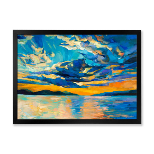 Cloudy Wide Open Sunset Over Ocean Horizon Nautical & Coastal Framed Wall Art