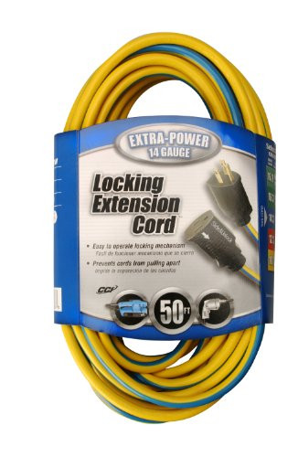 Coleman Cable 02438 14/3 Push-Lock SJTW Locking Extension Cord, 50-Foot, Yellow/Blue