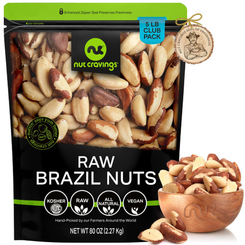 - Raw Brazil Nuts, Unsalted, No Shell, Whole, Equivalent to Organic (80oz - 5 LB) Bulk Nuts Packed Fresh in Resealable Bag - Healthy Protein Food Snack, Natural Keto Friendly Vegan Kosher
