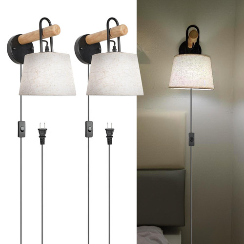 Frideko Fabric Wall Sconces Set of Two Plug in Wood Wall Lamp with 8.20FT On/Off Switch Cord Indoor Wall Light Fixtures Wall Mounted Lamp Modern Sconces Wall Lighting for Bedroom Living Room Frideko Fabric Wall Sconces Set of Two Plug in Wood Wall Lamp with 8.20FT On/Off Switch Cord Indoor Wall Light Fixtures Wall Mounted Lamp Modern Sconces Wall Lighting for Bedroom Living Room