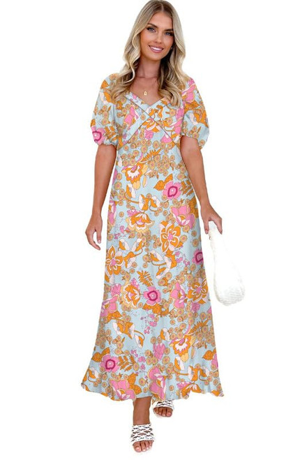 Summer Dresses for Women 2024 Cute V Neck Boho Hawaiian Outfits Floral Short Puff Sleeve Maternity Ladies Beach Vacation Resort Wear Cruise Essentials Must Haves Long Sundresses Maxi Dress L