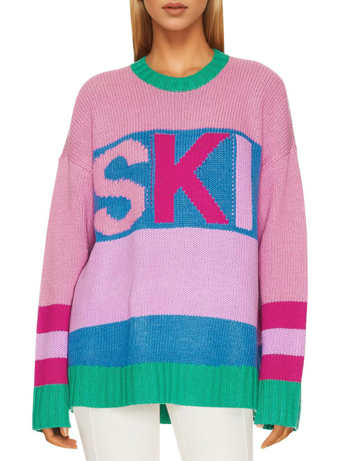 Womens Color Block Oversized Sweater Ski Print Fall Trendy Crew Neck Long Sleeve Pullover Sweaters Knit Tops Pink