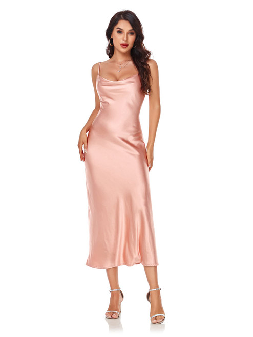 Women's Spaghetti Strap Midi Satin Silk Dresses Slip Cowl Neck Party Cocktail Evening Sexy Dress Pink