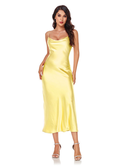 Women's Spaghetti Strap Midi Satin Silk Dresses Slip Cowl Neck Party Cocktail Evening Sexy Dress Yellow