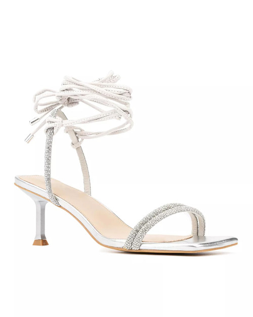 Womens Strappy Lace Up Heels Sandals Square Toe Rhinestone Kitten Heel Sexy Party Wedding Dress Shoes, Silver, Size 6