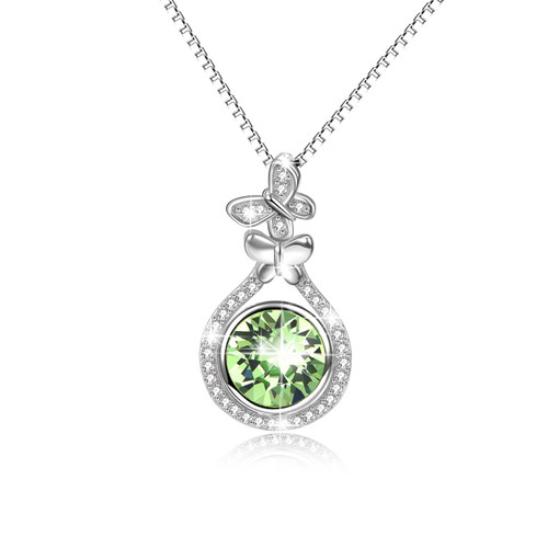 August Birthstone Sterling Silver Teardrop Necklace Butterfly Pendant with Simulated Peridot Crystals,Gift for Women Girls