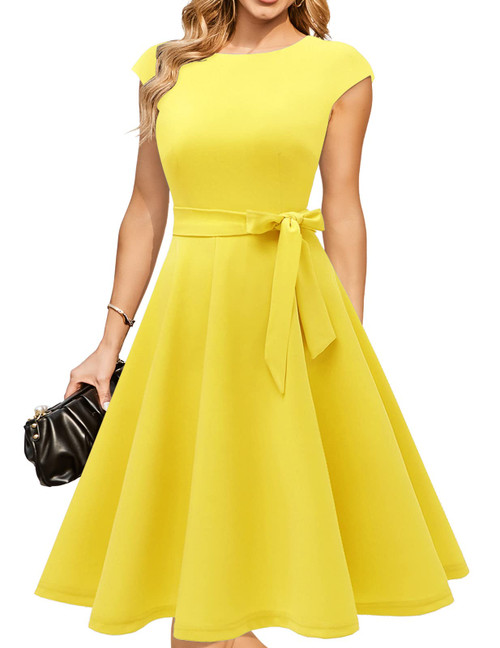 Women's Cocktail Dresses for Church, Modest Wedding Guest Bridesmaid Prom Formal Holiday Party Dress 2024, Aline 1950s Vintage Dress Yellow L Women's Cocktail Dresses for Church, Modest Wedding Guest Bridesmaid Prom Formal Holiday Party Dress 2024, Aline 1950s Vintage Dress Yellow L
