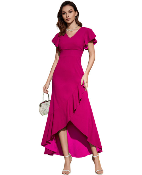 Ruffled Sleeves Formal Dress Women V Neck Split Dress Bodycon Evening Long Dress Mermaid Party Cocktail Dresses Magenta L