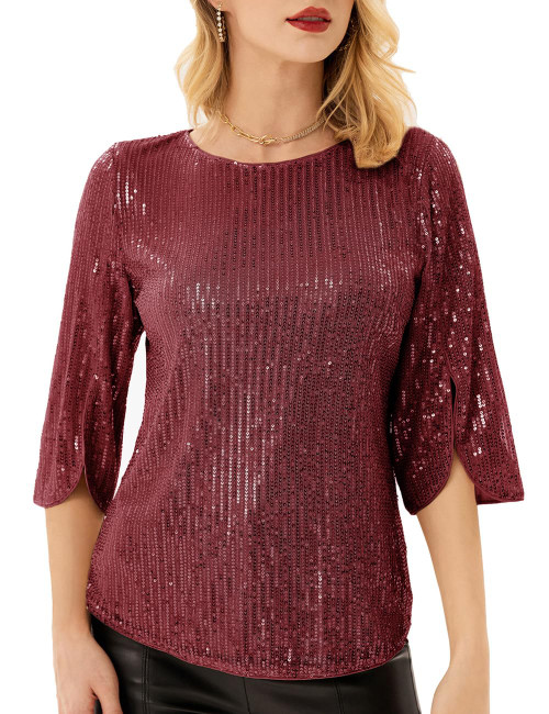 Women's Sparkle Sequin Party Blouse Tops Shimmer Glitter 3/4 Slit Sleeve Dressy Tops Wine Red