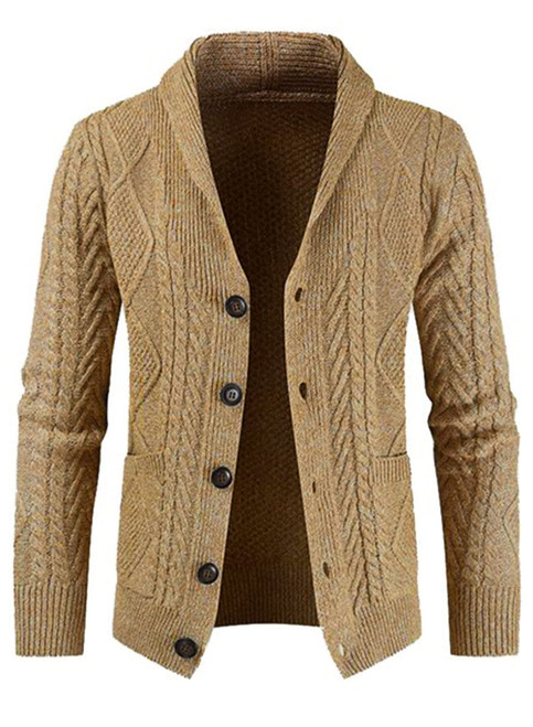 Sweaters for Men Casual Long Sleeve Shawl Collar Button-Up Cable Knit Cardigan Sweater with Pockets Old Money Clothes,US 56(4XL),D Khaki