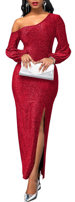 Women's Sparkly Formal Dresses Red Elegant Long Sleeve Evening Gowns Sexy One Shoulder High Split Long Party Dress