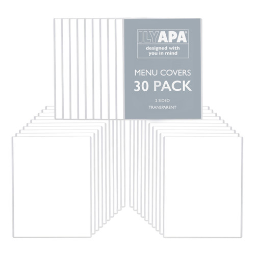 30 Pack of Menu Covers 8.5 x 11 Inch - Single Page, 2 View - Restaurant Menu Covers, Double Stitched Menu Sleeves 8.5 x 11, Two Clear Viewing Surfaces