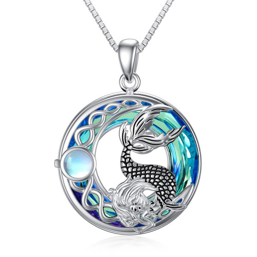 Mermaid Crystal Necklace 925 Sterling Silver Moonstone Crescent Moon Necklace Mermaid Ocean Jewelry Gifts for Women Girls