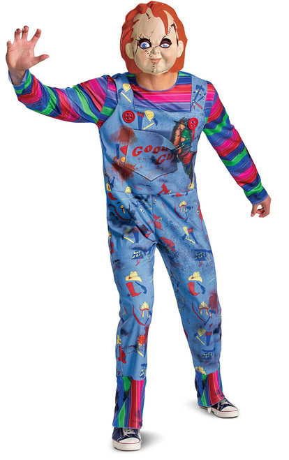 Men, Official Childs Play Chucky Costume Jumpsuit and Mask Outfit, Multicolored, Medium (38-40)