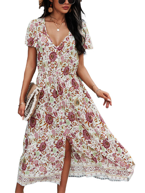 Women's Dress Bohemian Short Sleeve Summer V-Neck Split Floral Printed Casual Maxi Dresses for Beach Party White XL